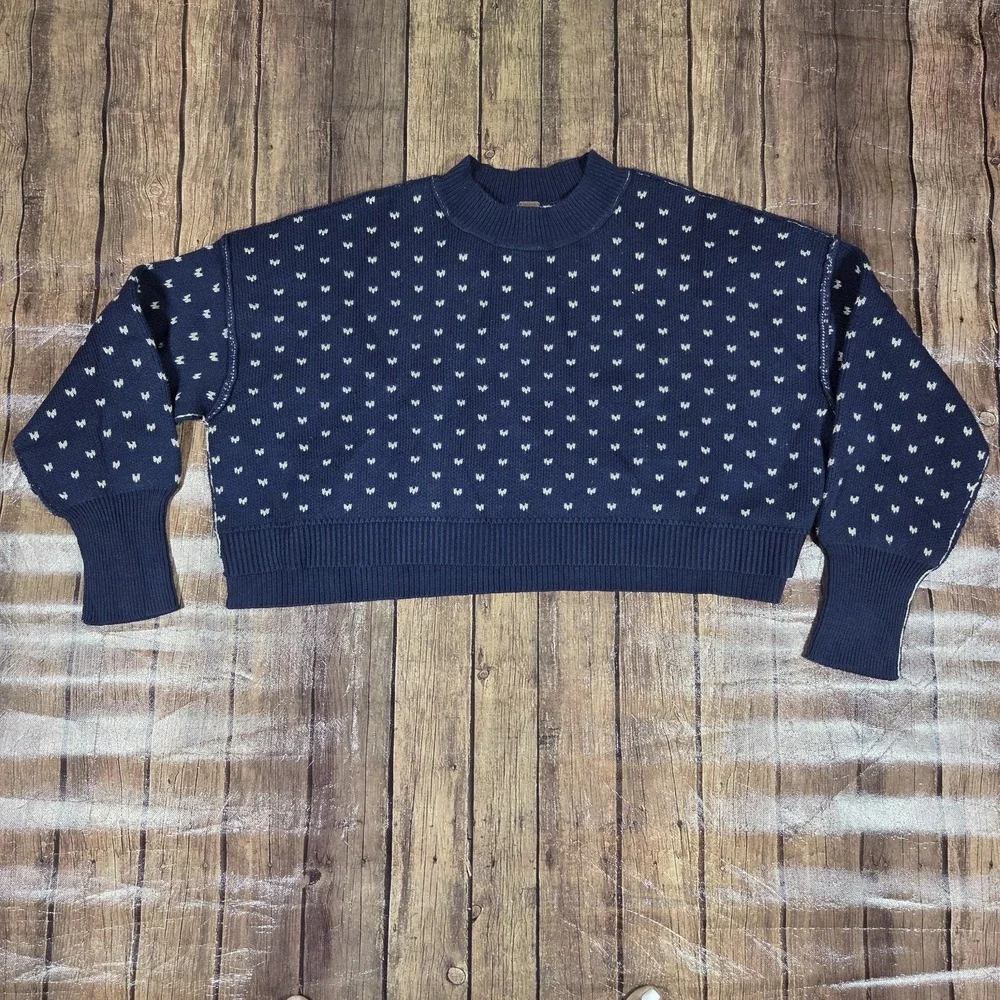Free People Easy Street Patterned Crop Sweater Womens M Navy Oversized Cozy